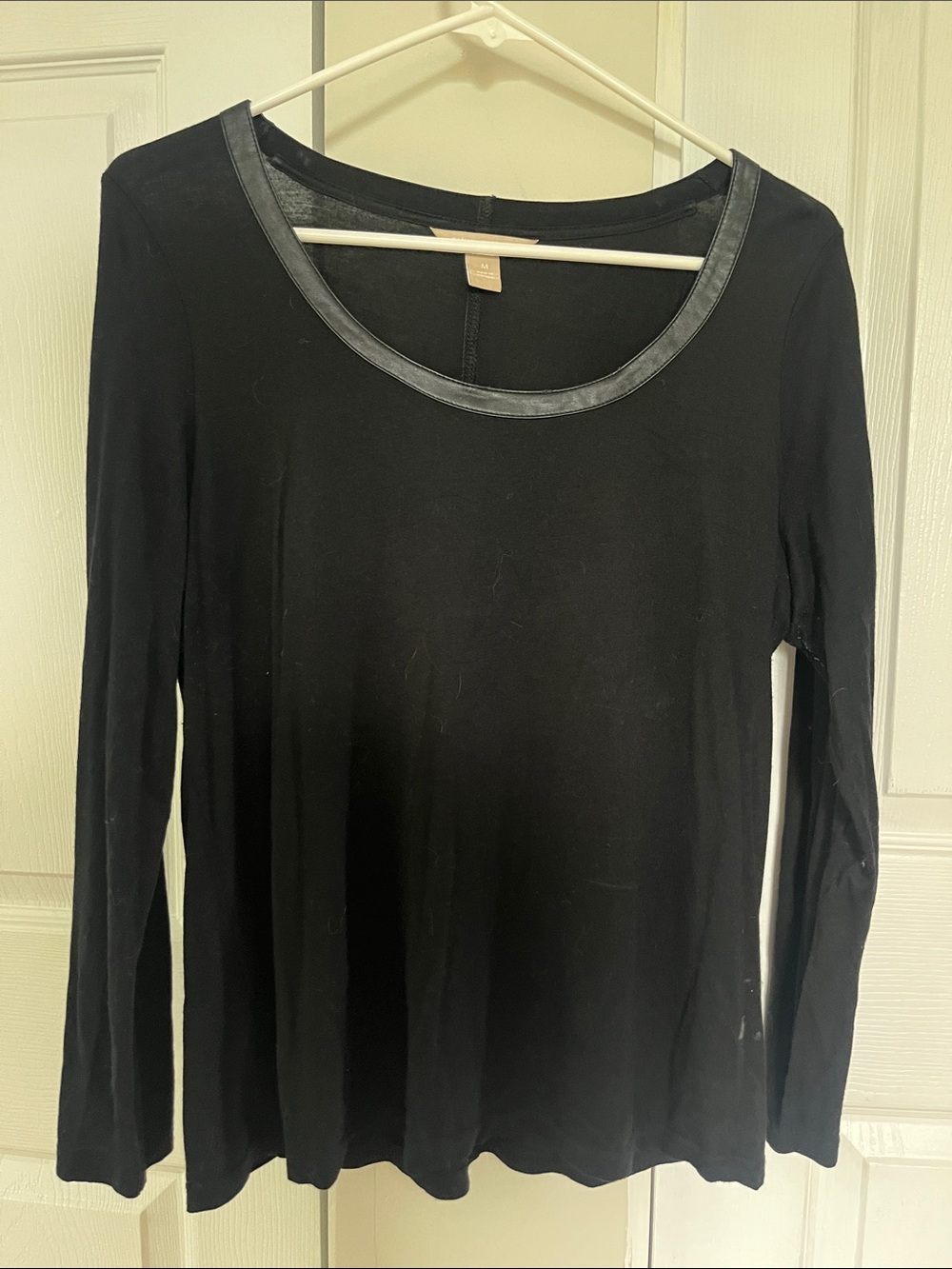 Banana Republic Black Long-Sleeve Scoop Neck Top with Faux-Leather Trim